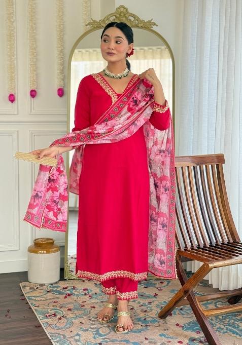 Pink Printed Viscose Salwar Kameez With Dupatta