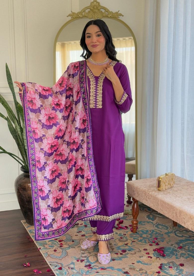 Violet Printed Viscose Salwar Kameez With Dupatta