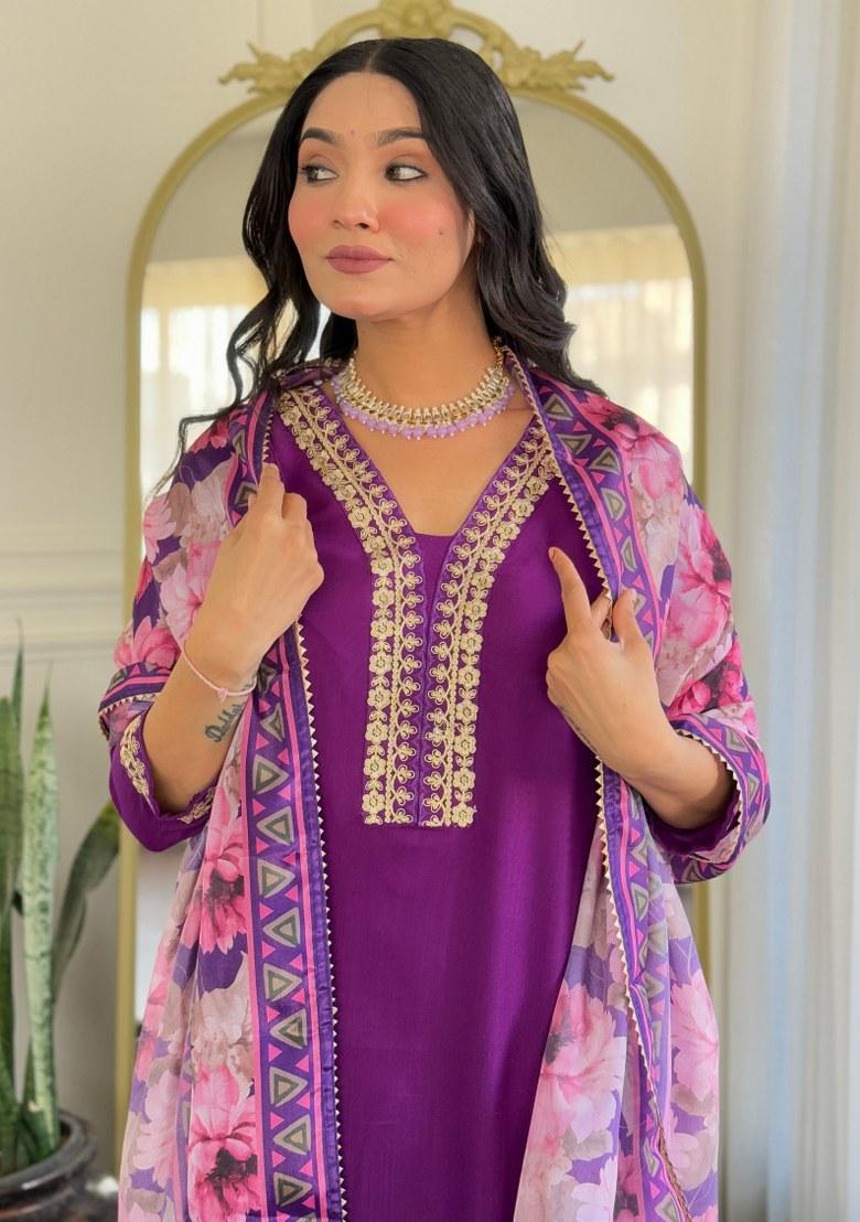 Violet Printed Viscose Salwar Kameez With Dupatta