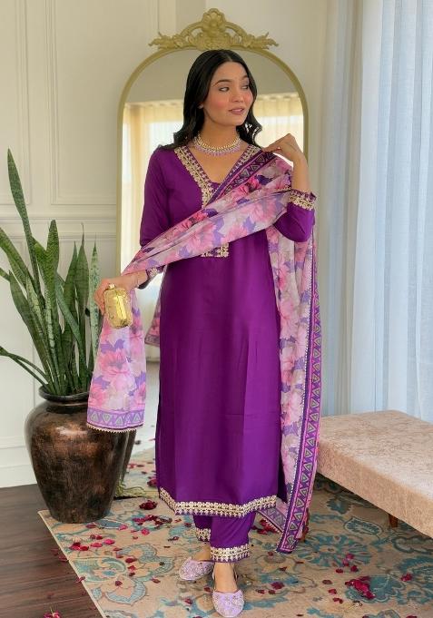 Violet Printed Viscose Salwar Kameez With Dupatta