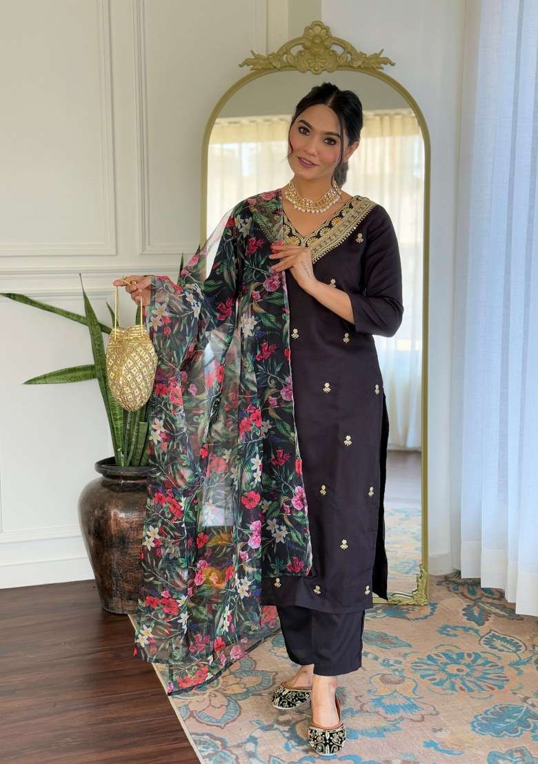 Black Embroidered Viscose Straight Kurta Set - Indya