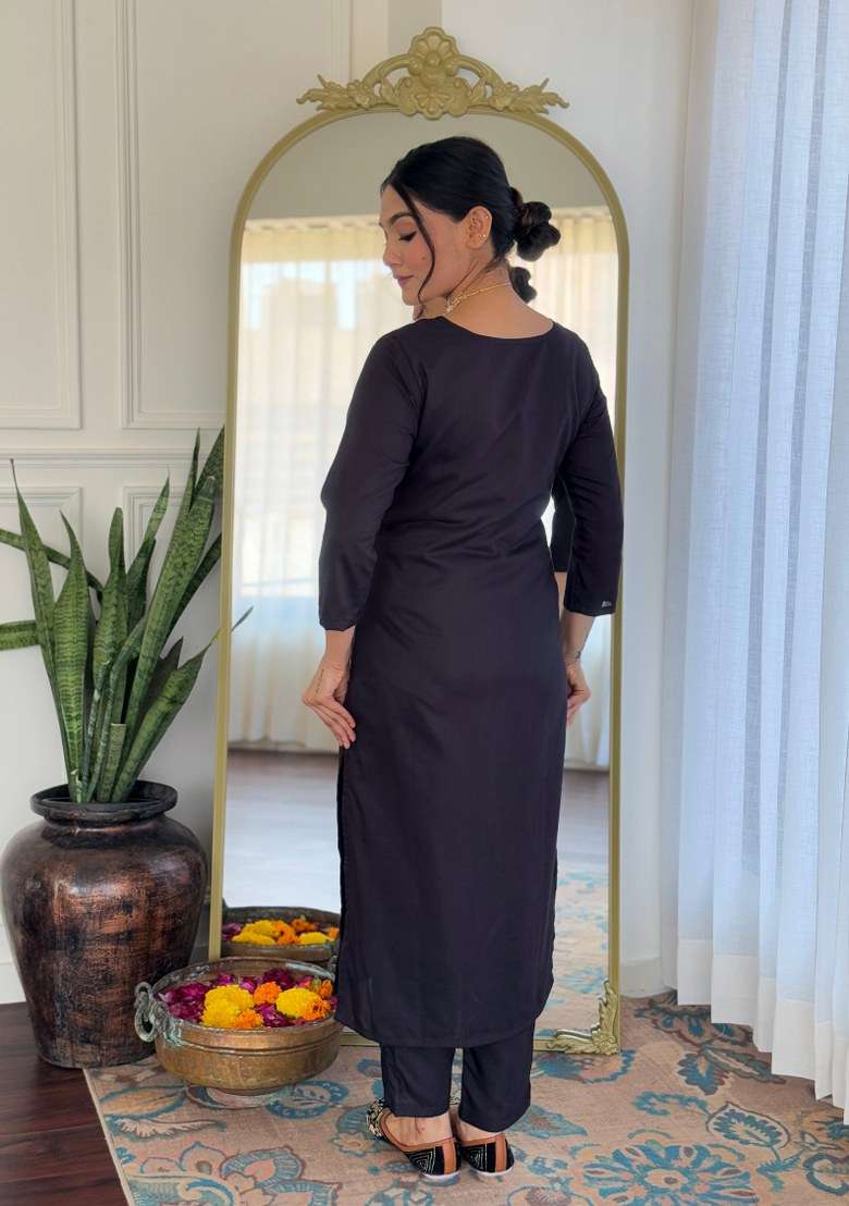 Black Embroidered Viscose Straight Kurta Set - Indya