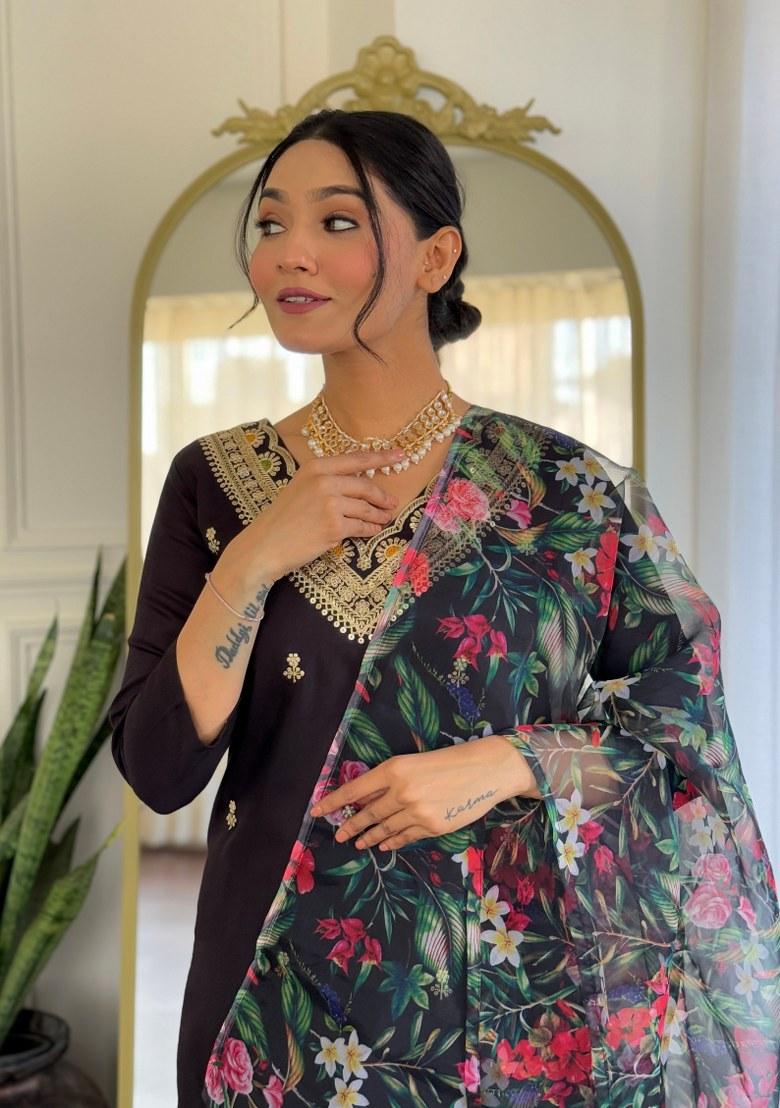 Black Printed Viscose Salwar Kameez With Dupatta