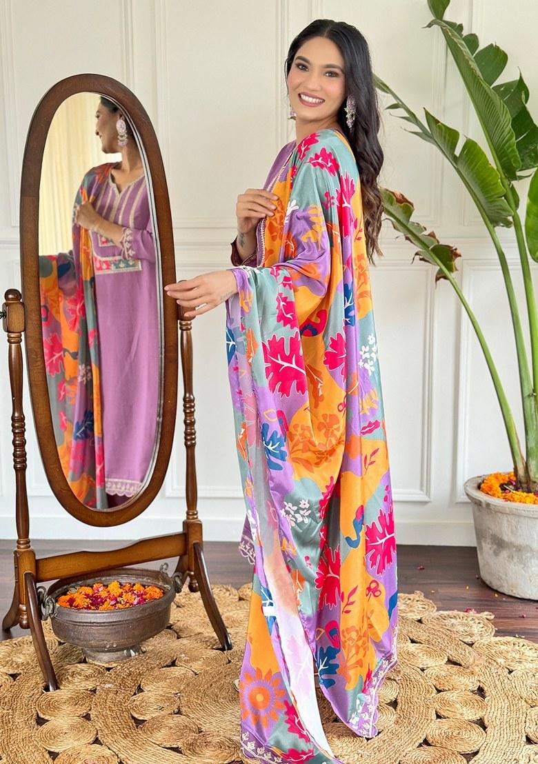 Purple Printed Viscose Salwar Kameez With Dupatta