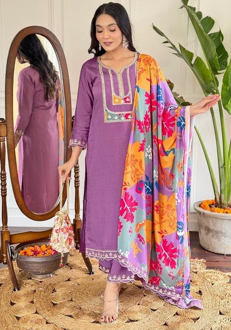 Purple Printed Viscose Salwar Kameez With Dupatta