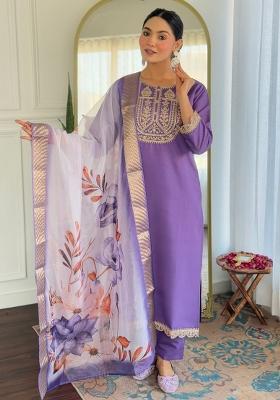 Lavender Printed Viscose Salwar Kameez With Dupatta