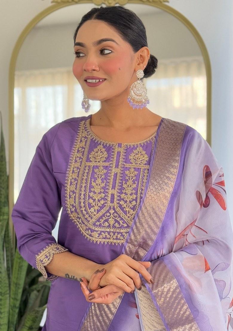 Lavender Printed Viscose Salwar Kameez With Dupatta