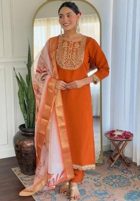 Orange Printed Viscose Salwar Kameez With Dupatta