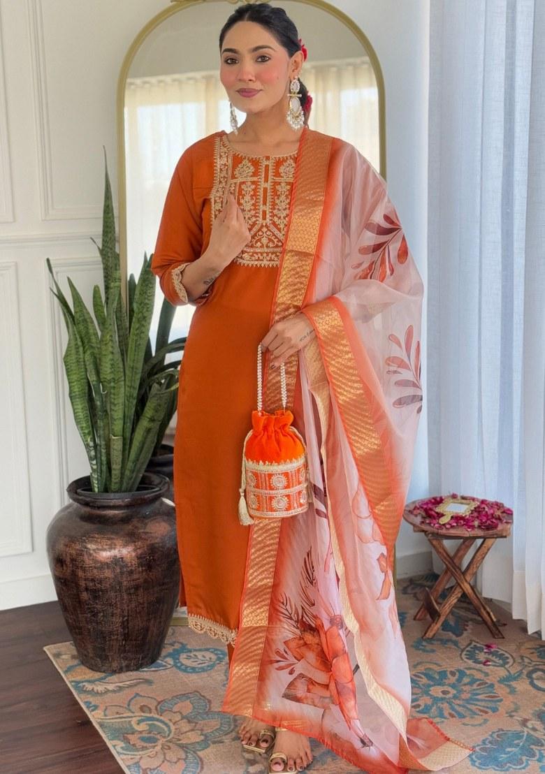 Orange Printed Viscose Salwar Kameez With Dupatta