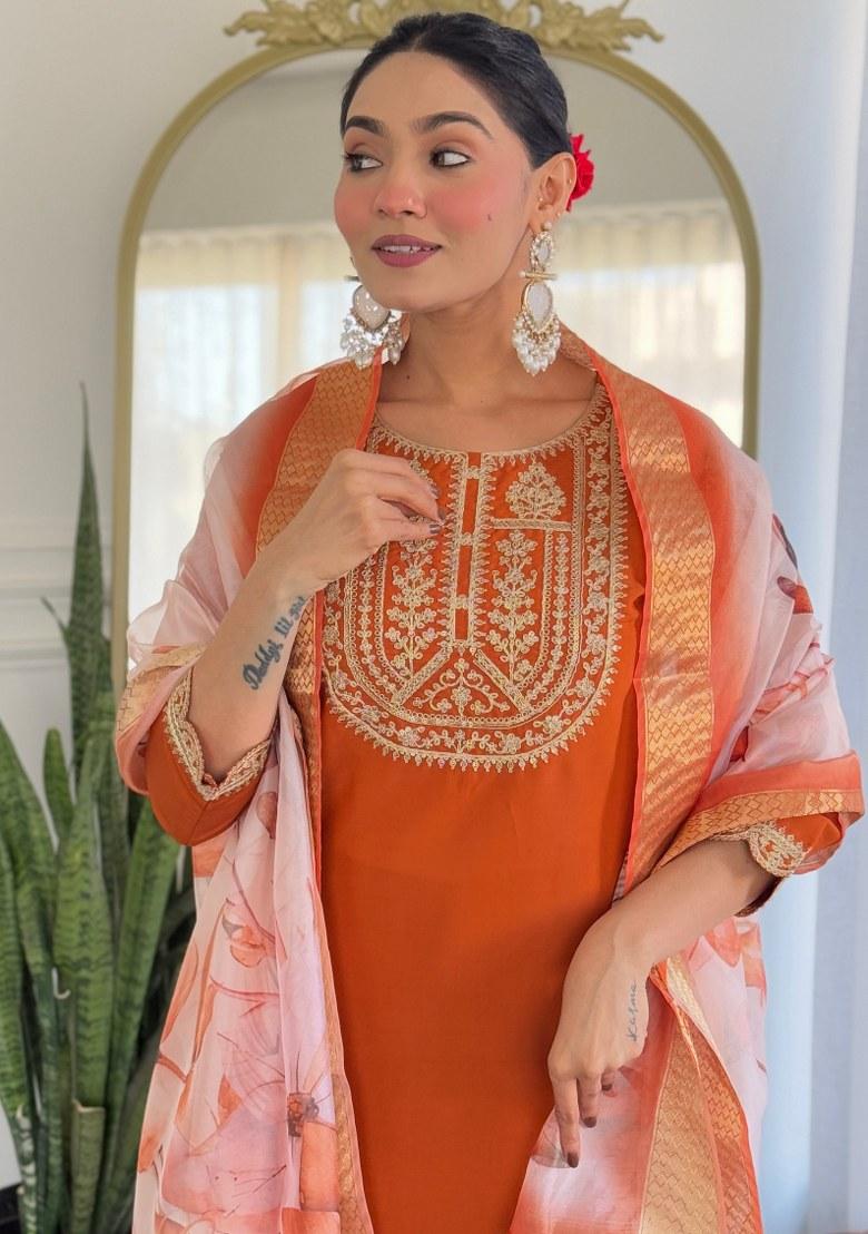 Orange Printed Viscose Salwar Kameez With Dupatta