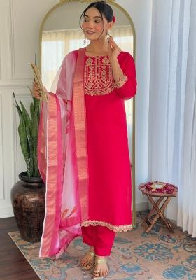 Pink Printed Viscose Salwar Kameez With Dupatta