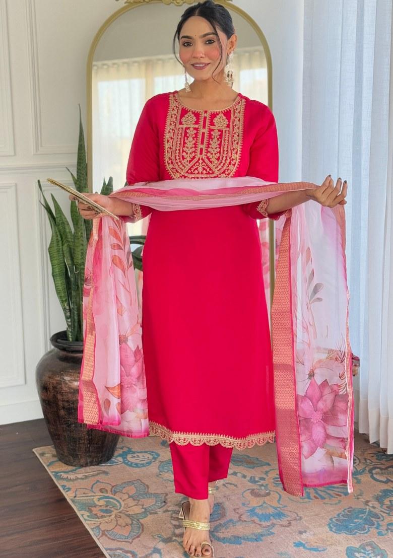 Pink Printed Viscose Salwar Kameez With Dupatta
