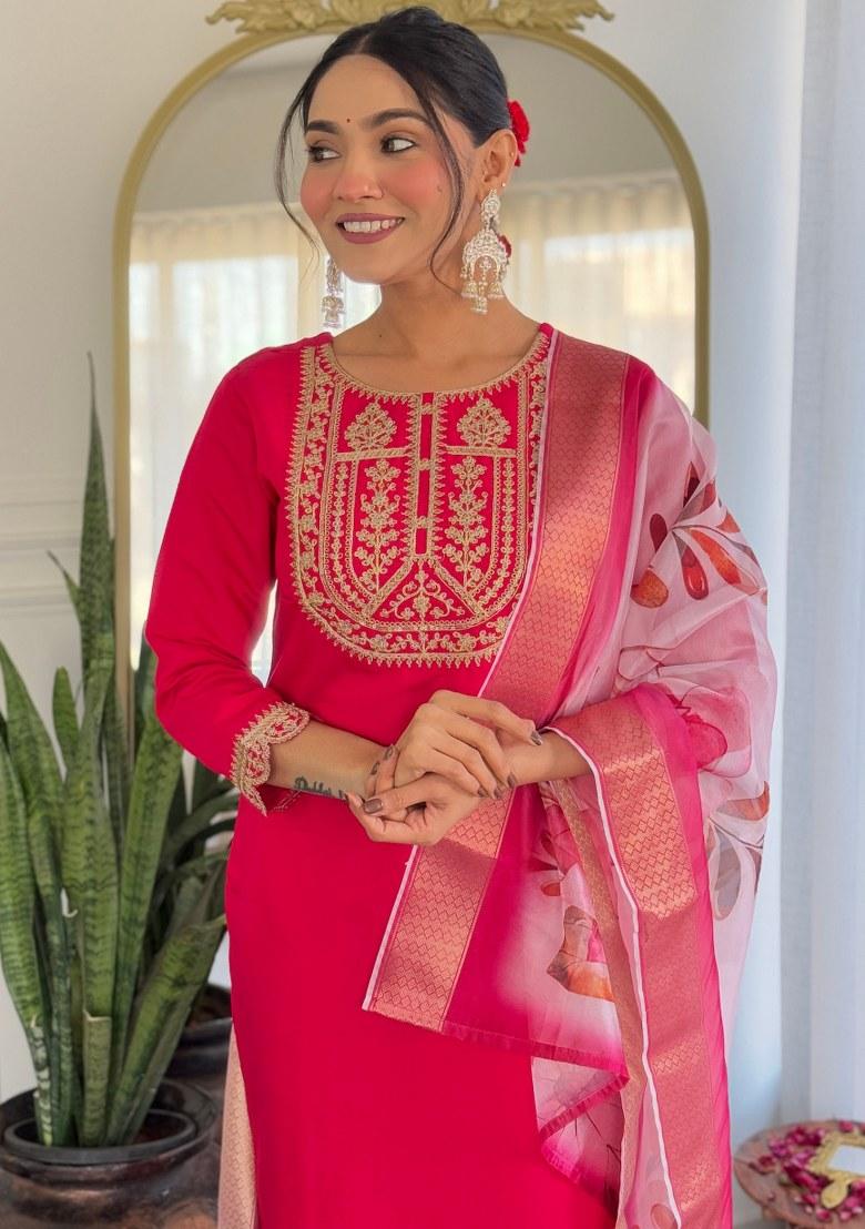 Pink Printed Viscose Salwar Kameez With Dupatta