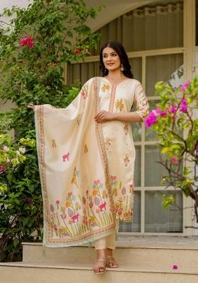 Beige Printed Viscose Salwar Kameez With Dupatta