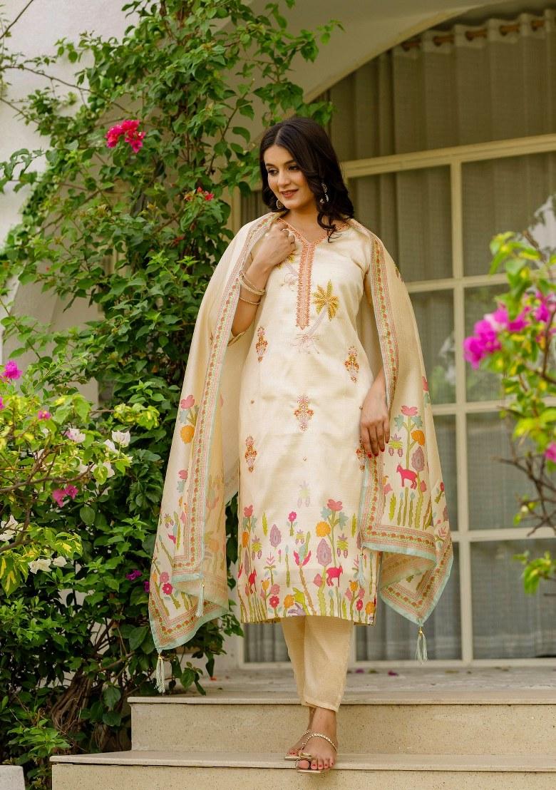 Beige Printed Viscose Salwar Kameez With Dupatta