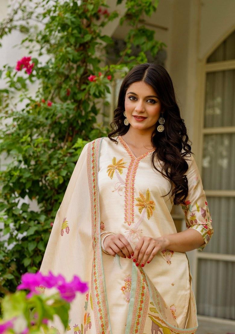 Beige Printed Viscose Salwar Kameez With Dupatta