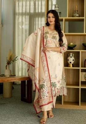 Beige Printed Viscose Salwar Kameez With Dupatta