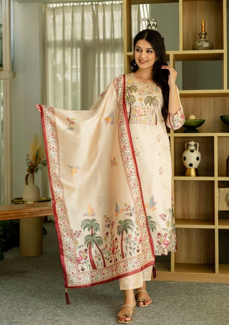 Beige Printed Viscose Salwar Kameez With Dupatta