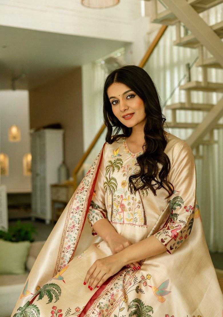 Beige Printed Viscose Salwar Kameez With Dupatta