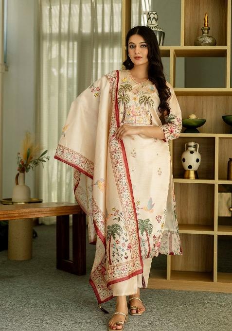 Beige Printed Viscose Salwar Kameez With Dupatta