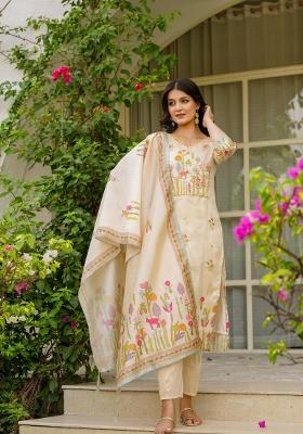 Beige Printed Viscose Salwar Kameez With Dupatta