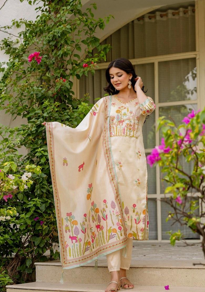 Beige Printed Viscose Salwar Kameez With Dupatta