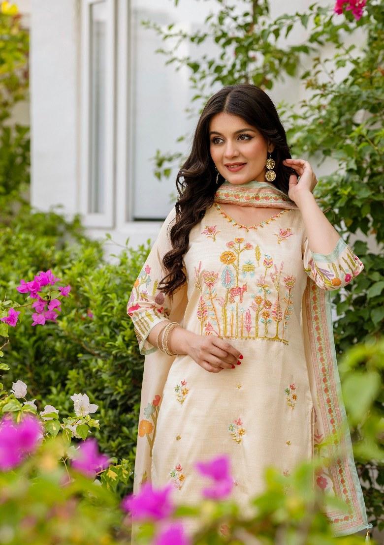 Beige Printed Viscose Salwar Kameez With Dupatta