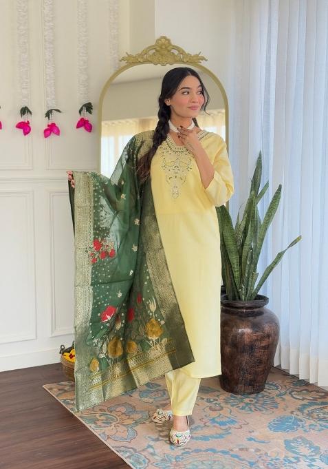 Yellow Printed Viscose Salwar Kameez With Dupatta