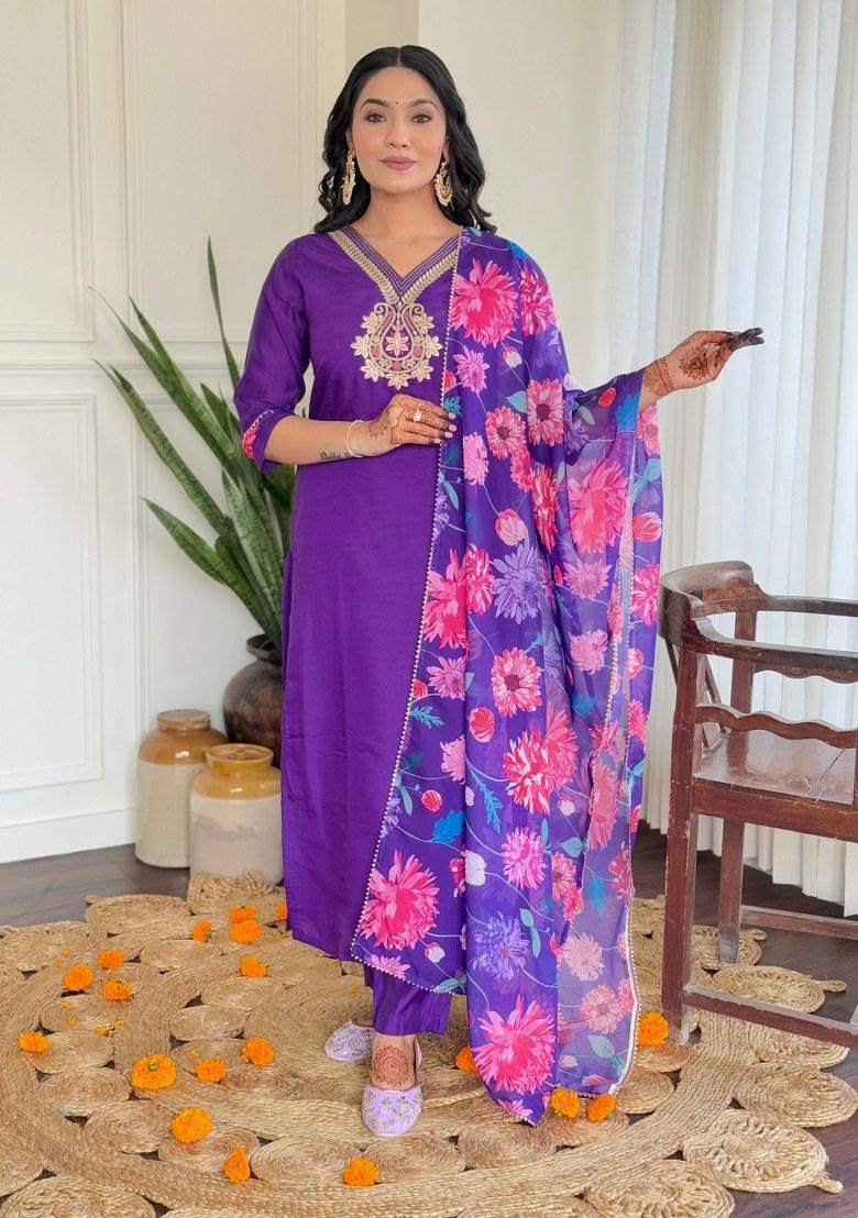 Violet Printed Viscose Salwar Kameez With Dupatta