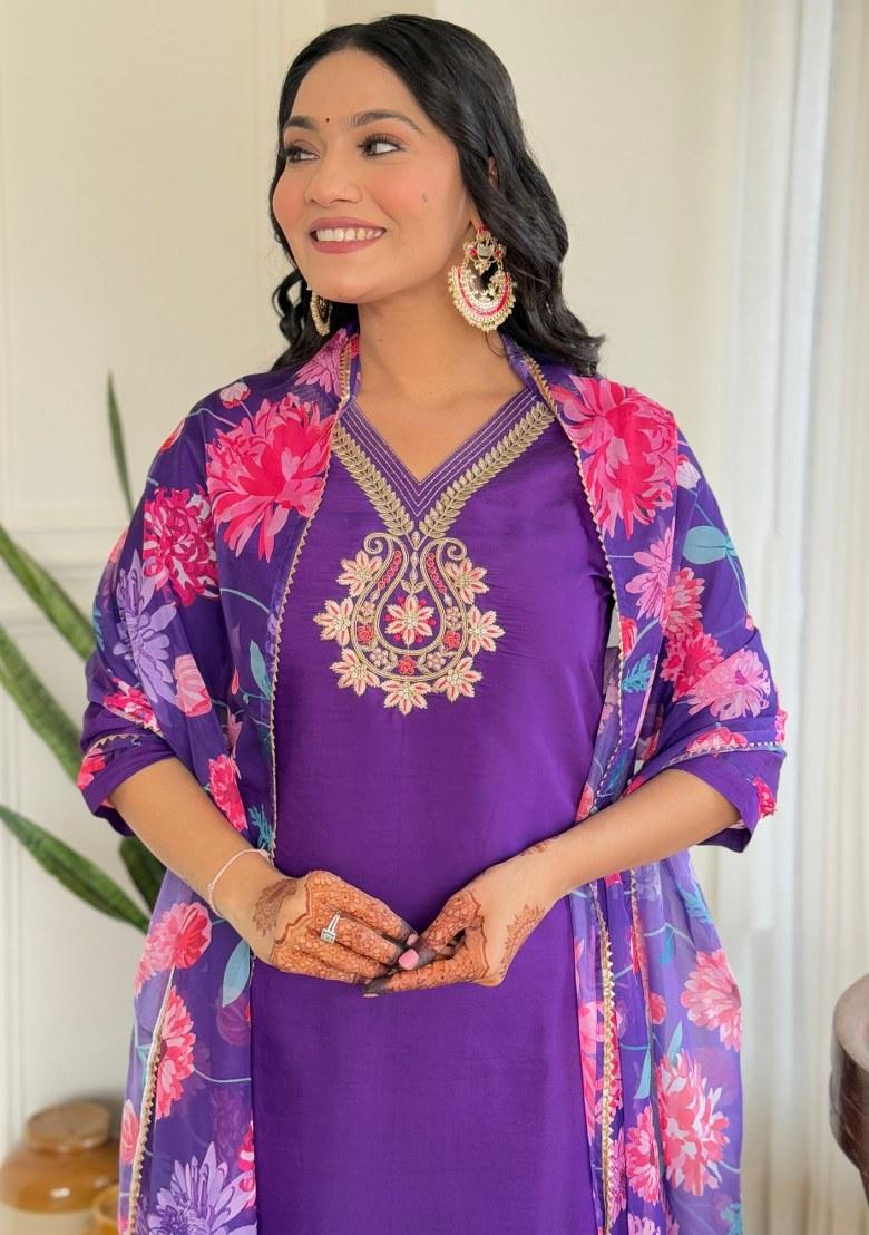 Violet Printed Viscose Salwar Kameez With Dupatta