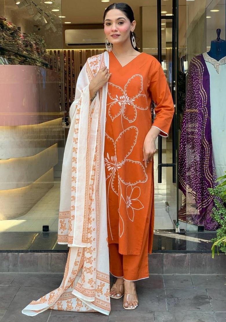 Orange Printed Viscose Salwar Kameez With Dupatta
