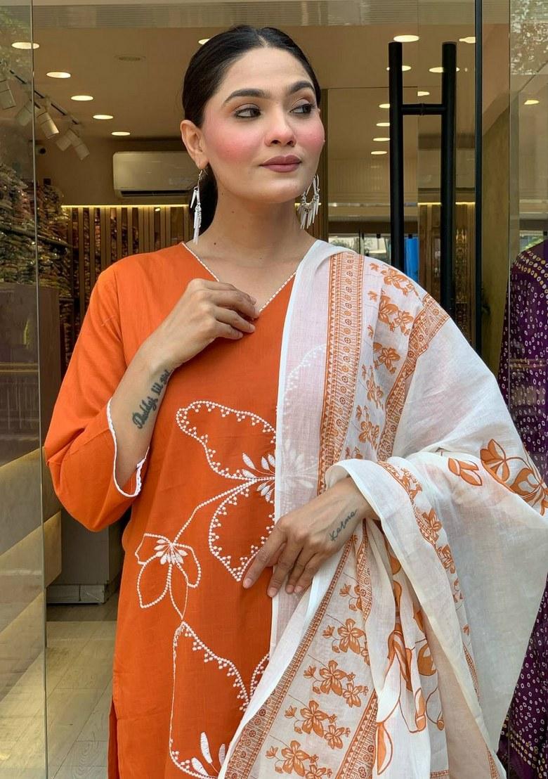 Orange Printed Viscose Salwar Kameez With Dupatta