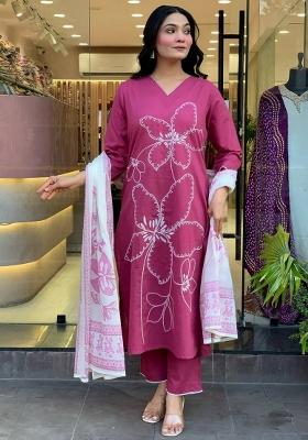 Pink Printed Viscose Salwar Kameez With Dupatta