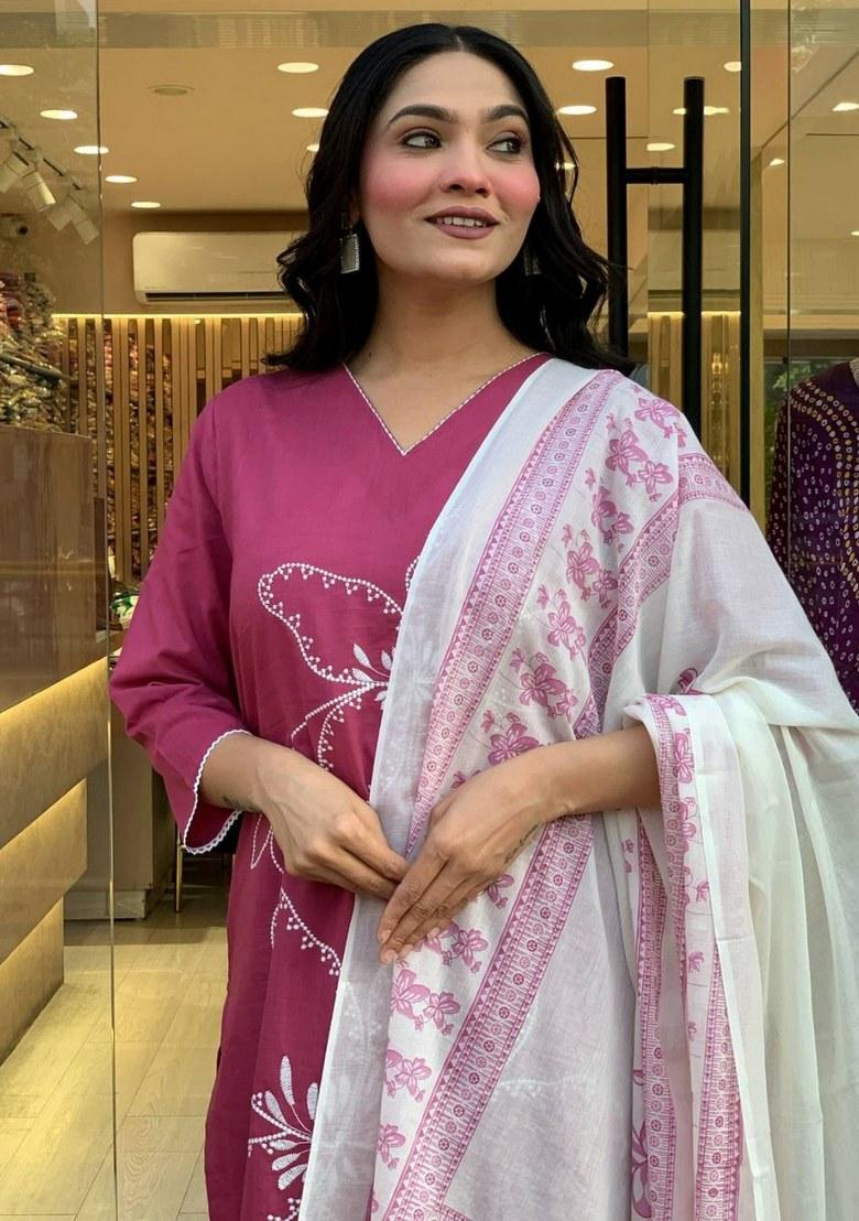 Pink Printed Viscose Salwar Kameez With Dupatta