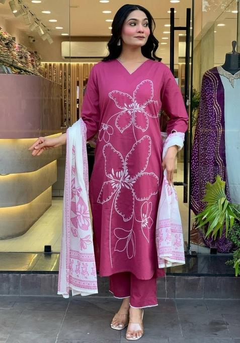 Pink Printed Viscose Salwar Kameez With Dupatta