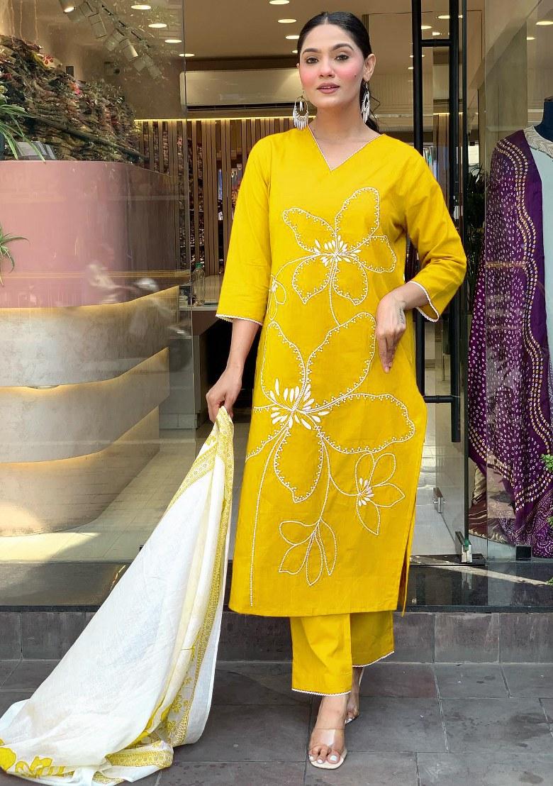 Yellow Printed Viscose Salwar Kameez With Dupatta
