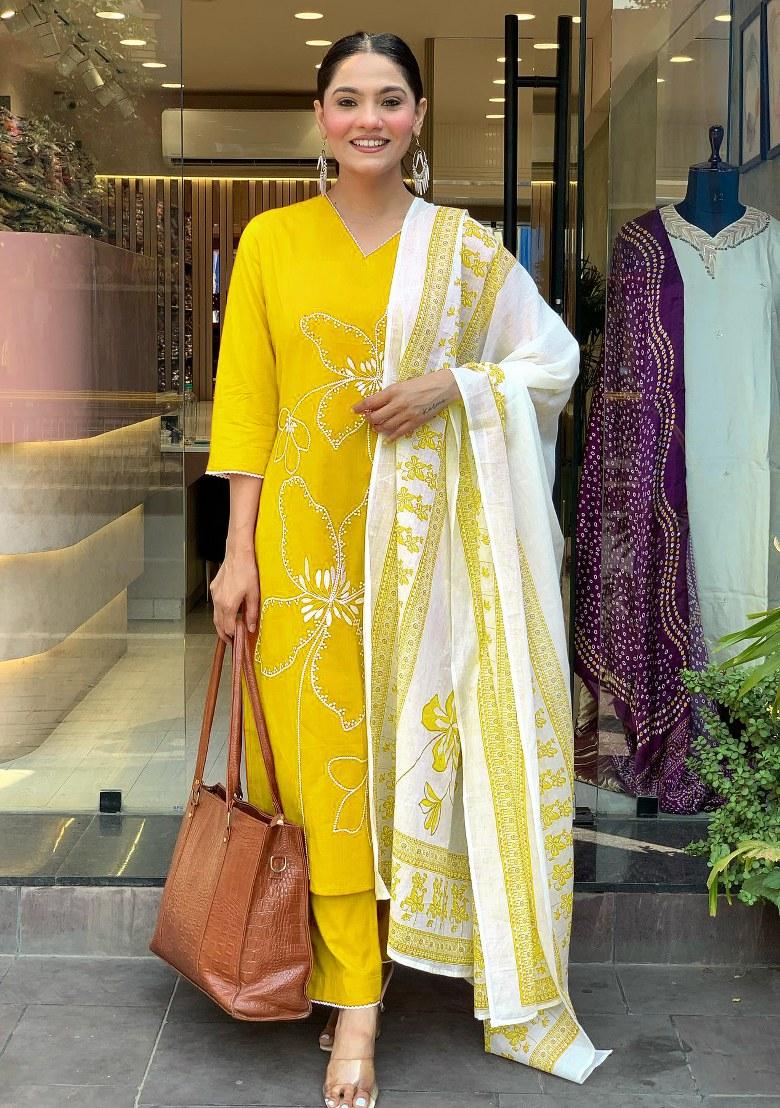 Yellow Printed Viscose Salwar Kameez With Dupatta