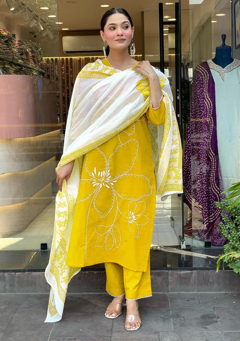 Yellow Printed Viscose Salwar Kameez With Dupatta