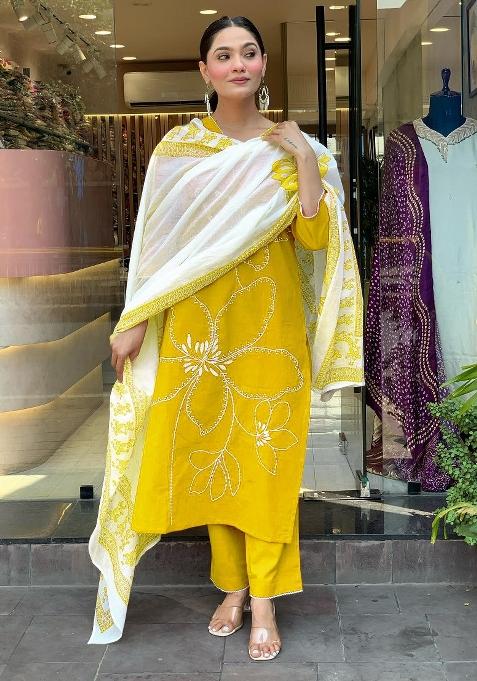 Yellow Printed Viscose Salwar Kameez With Dupatta