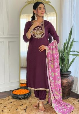 Wine Printed Viscose Salwar Kameez With Dupatta