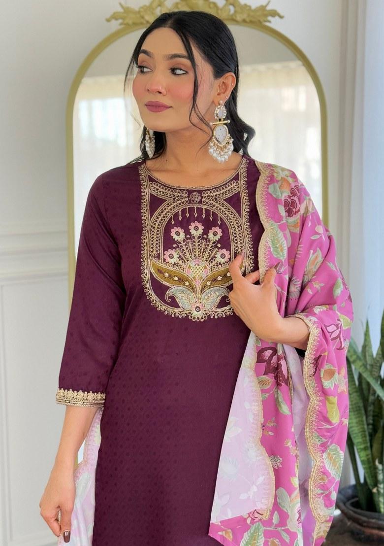 Wine Printed Viscose Salwar Kameez With Dupatta