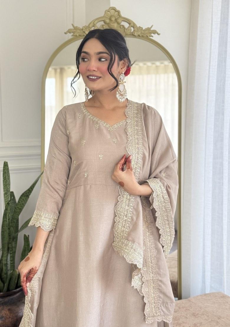 Brown Embroidered Art Silk Salwar Kameez With Dupatta