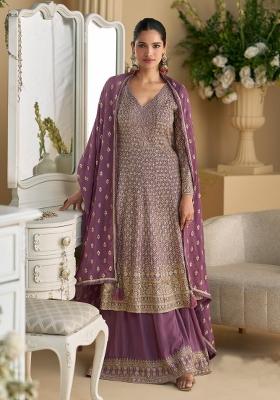 Purple Embroidered Georgette Palazzo Set With Dupatta