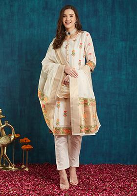 Off White Cotton Jacquard Salwar Kameez With Dupptta