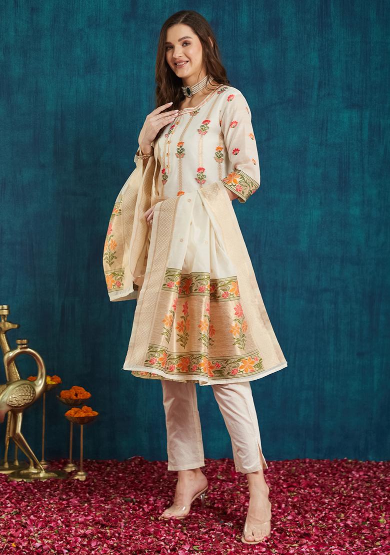Off White Cotton Jacquard Salwar Kameez With Dupptta