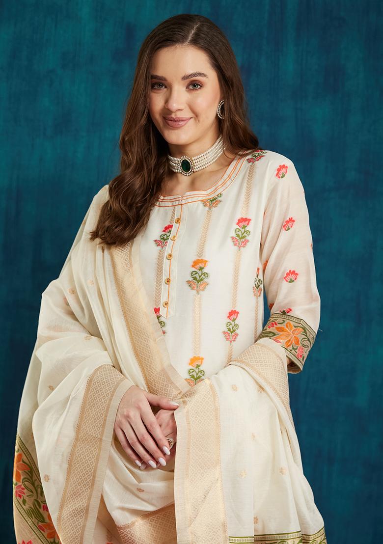 Off White Cotton Jacquard Salwar Kameez With Dupptta