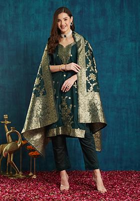 Dark Green Cotton Jacquard Salwar Kameez With Dupptta