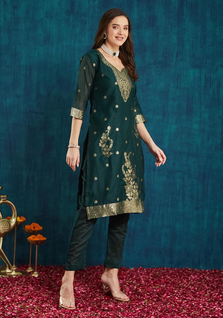 Dark Green Cotton Jacquard Salwar Kameez With Dupptta