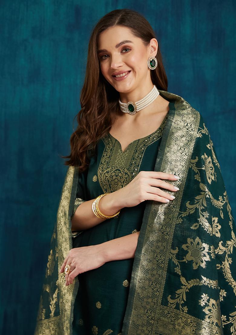 Dark Green Cotton Jacquard Salwar Kameez With Dupptta