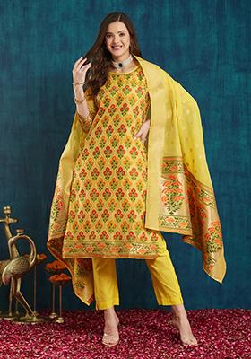 Yellow Cotton Jacquard Salwar Kameez With Dupptta